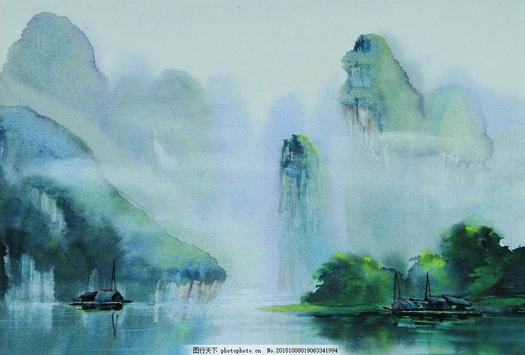 烟雨漓江 美术 水彩画 风景 江水 渔船 山峰 树木 雨雾 水彩画作品集