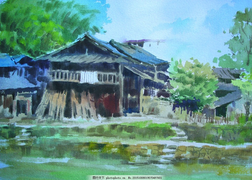 乡风 美术 水彩画 风景 乡村 农家 老房子 江水 树木 水彩画作品集一