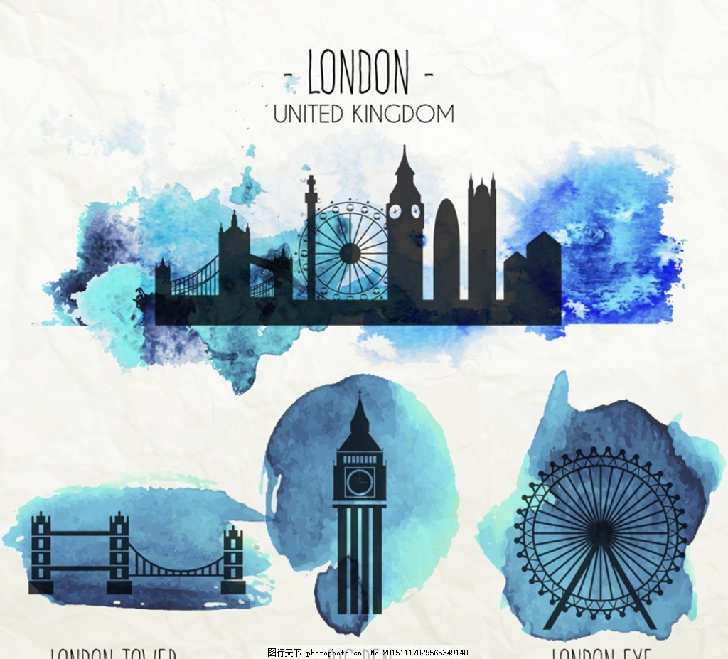 英国著名建筑,水彩 伦敦塔桥 大本钟 摩天轮 颜