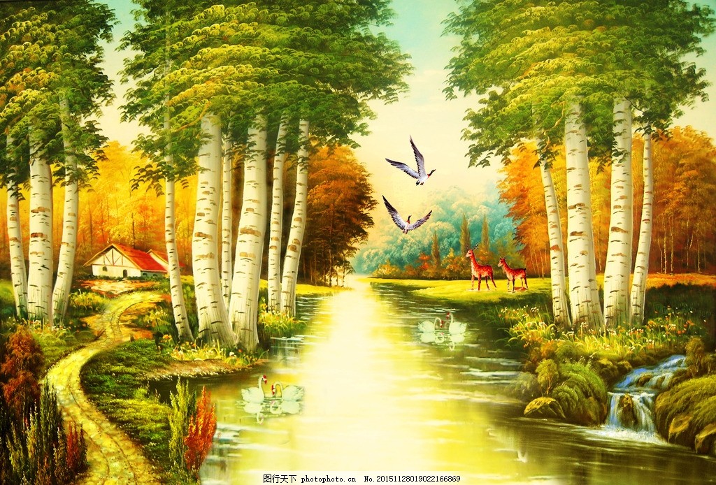 装饰画油画 壁画 天鹅 鹿 欧式油画 设计 文化艺术 绘画书法 300dpi