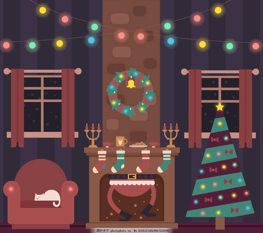 圣诞客厅矢量,烟囱 圣诞节 壁炉 圣诞老人 圣诞