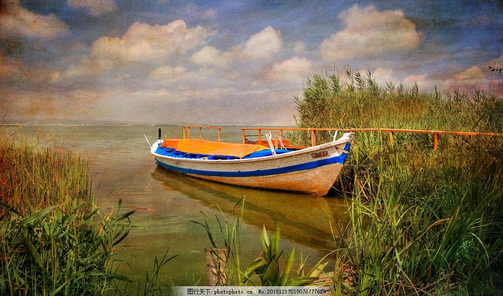 河流 草 船 绘画 绘画艺术 画画 河 河船 天空 云彩 自然建筑风景
