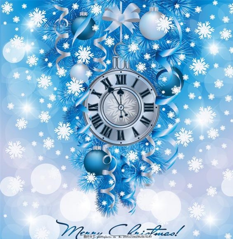 蓝色圣诞节 装饰元素,蝴蝶结 闹钟 西方节日 节