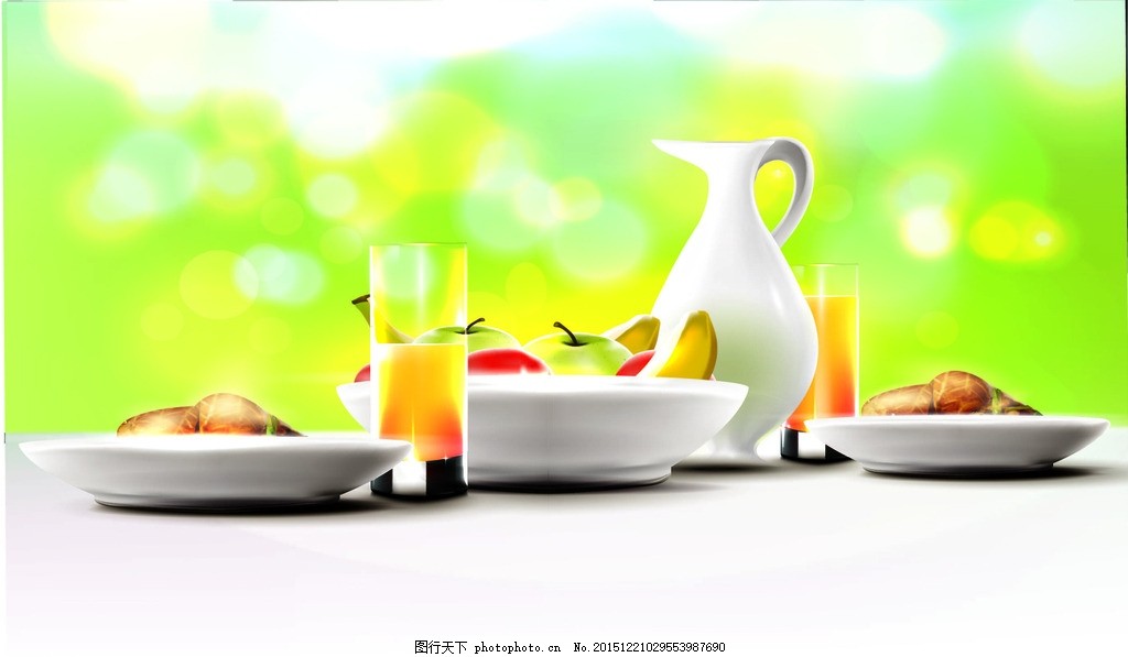 美味早餐,水果 橙汁 茶壶 食物 矢量图-图行天下