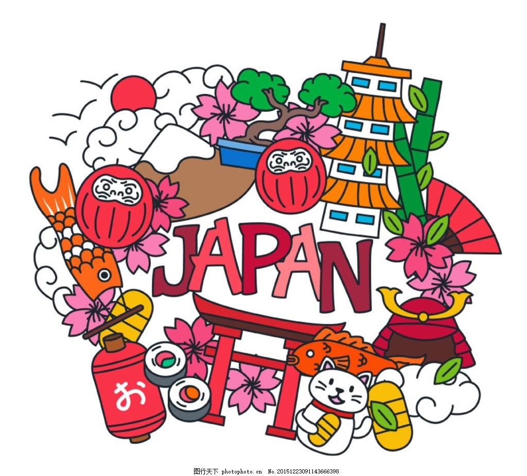 日式风格插画,樱花 招财猫 富士山 日本 武士帽