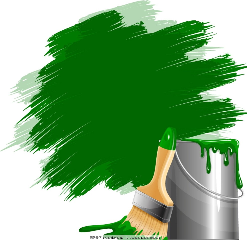 油漆桶与刷子,刷绿油漆 铁桶 颜料 颜色 色彩 美术-图行天下图库