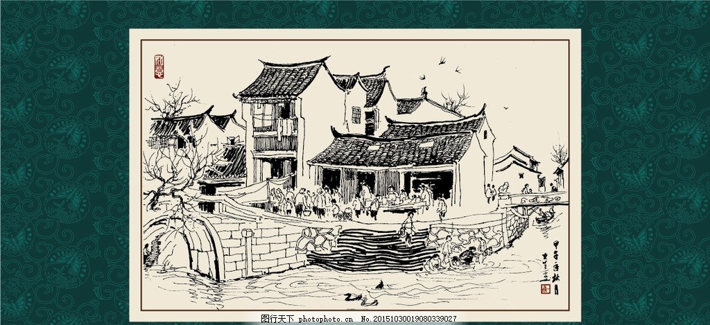手绘 国画 毛笔画 工笔 轮廓 印章 书法 装裱 植物 花卉 白描建筑
